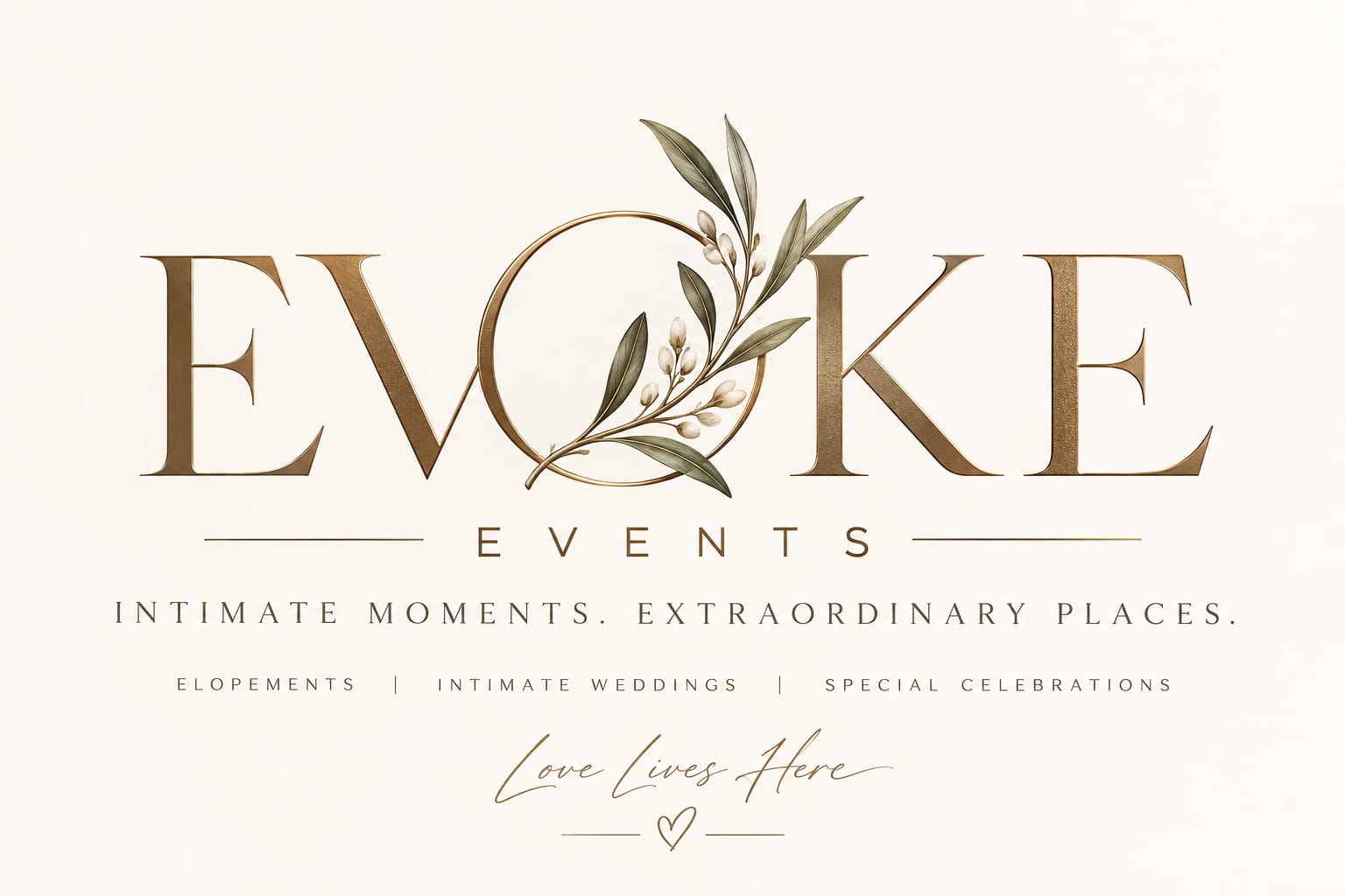 Evoke Events botanical bronze logo. Intimate moments. Extraordinary places. Elopements, intimate weddings and special celebrations.